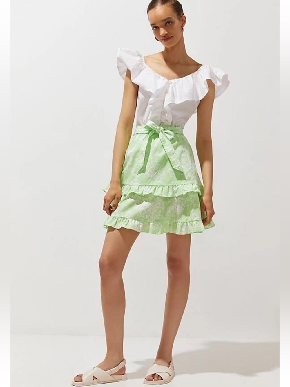 Peter Som for Anthropologie Ruffled cotton green floral Mini Skirt Small $140